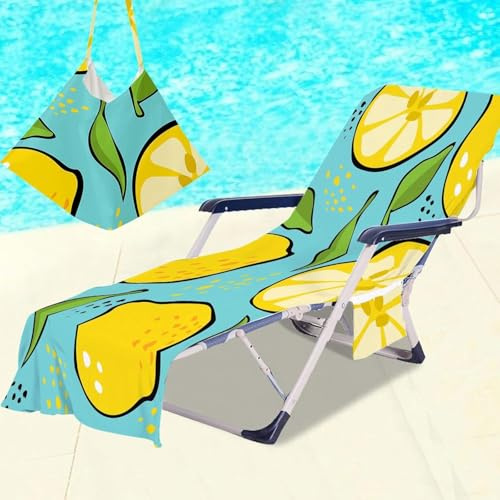 Surwin Sun Lounger Towel with Pockets, 3D Juice Print Quick Dry Beach Towel, Microfiber Sunbed Towels Travel Lounger Bag for Loungers Summer Holiday Outdoor Pool, 75X210CM- Lemon
