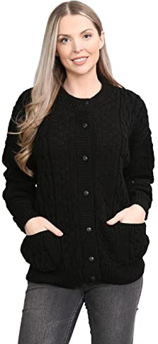 LUXFAB Women’s Cable Knit Crew Neck Cardigan – Ladies Knitted Aran Style Sweater with Front Pockets & Button Up Long Sleeve Classic Winter Knitwear UK Black