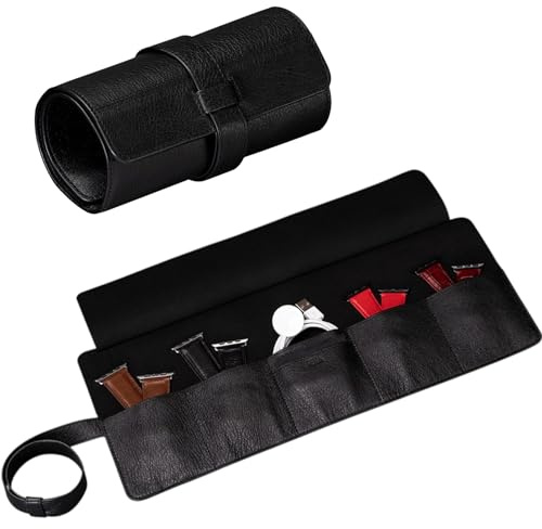 SENA Leather Watch Roll Organizer - 5 Slot Genuine Leather Travel Case for Watches, Watch Bands, Cables and Accessories - Compact, Elegant and Durable