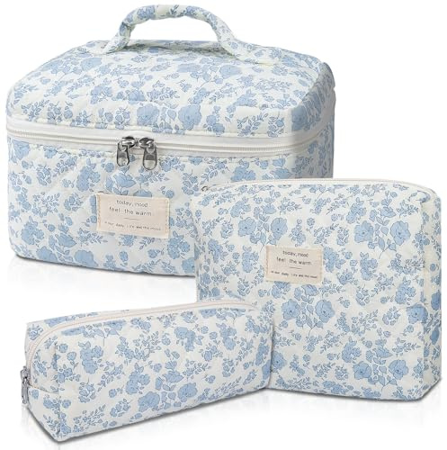 Gosect Makeup Bag, Large Quilted Cosmetic Bag, Big Floral Make Up Bag for Women Girls, Cute Cotton Makeup Bag Set, Flower Travel Toiletry Organizer Bag (Blue Flower)