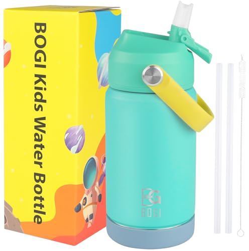 BOGI Kids Metal Water Bottle with Straw, 350ml Kid Stainless Steel Water Bottle for School Leak Proof Insulated Water Bottle for Boys Girls Toddlers Children Keep Drinks 12h Hot & 24h Cold | Mint