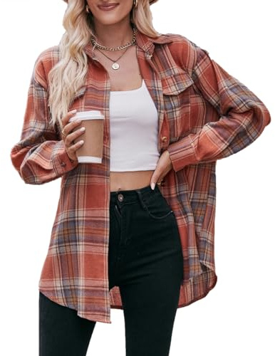 Kuukaas Women Cowboy Shirt Long Sleeve Checked Shirts Womens Oversized Caramel Plaid Shirts for Women Christmas Shirts for Women XXL