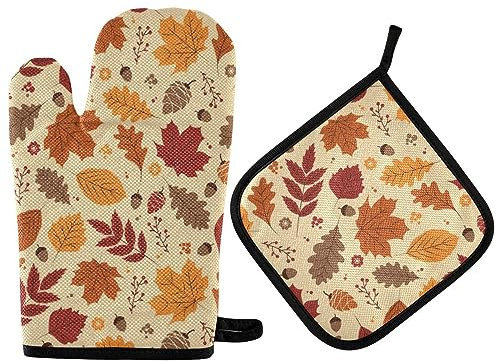 Vikeiac Set di guanti da forno e presine con foglie autunnali e guanti da cucina resistenti al calore guanti da cucina per barbecue cottura grigliata