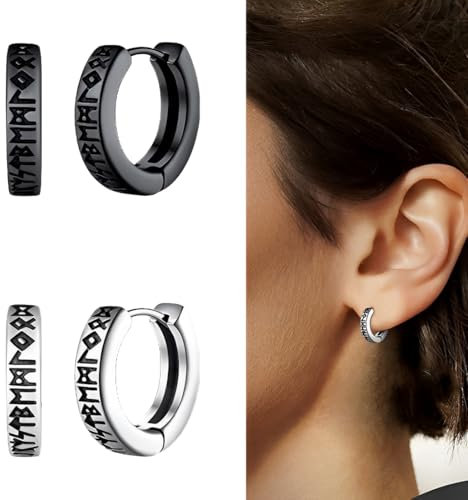 XPEX 2 Paar Nordischer Wikinger Hoop Ohrringe Herren, Creolen Ohrstecker Schwarz, Amulett Schutz Schmuck Geschenke Edelstahl Herren Ohrstecker Mit Nordic Elder Runen(Schwarz/Silber)