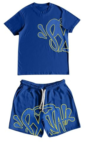 Generico Completo Corto Syna World - Completo Estivo da Uomo Synaworld, Completo Sportivo da Uomo in 2 Pezzi, Tuta Intera Y2K Hip Hop Streetwear(Navy Blue,S)