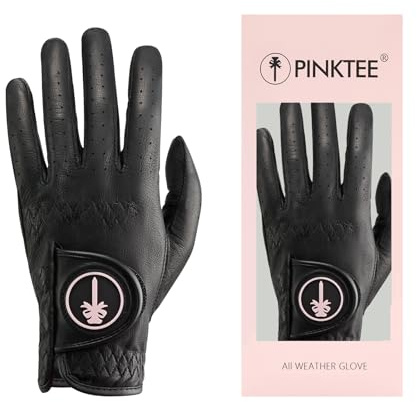 CROWNBLANKS PINKTEE Women's Golf Glove Premium Cabretta Leather Ladies Left Hand All Weather Grip Glove Elastic Wristband (Large)