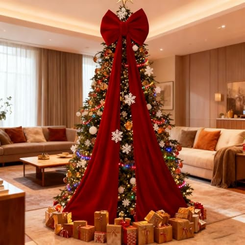 Fiocco Velluto per Albero Di Natale,Fiocco Rosso Per Puntale Per Albero Di Natales,50,8 X 38,1 Cm, Extra Large, Con Sentiero Lungo 3 M, Per Decorare La Casa Decorazione Per Alberos Di Natales