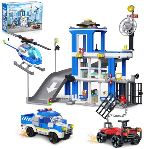 kiothdre City Polizeistation Bausatz, 601PCS Polizeistation Bauspielzeug mit Polizeiauto Truck/Gangsterauto/Hubschrauber, Polizei Station Spielzeug Geschenke für Kinder Jungen 6-12 Jahre