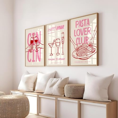 Xiyocadt 3er Poster Set,Küche Wandbilder Kunstdruck Kaffee Pasta Wein Bild,Rosa Cocktail Poster,Vintage Bilder für Küche Wohnzimmer Deko Küche Aesthetic Deko,Ohne Rahmen (50x70cm)