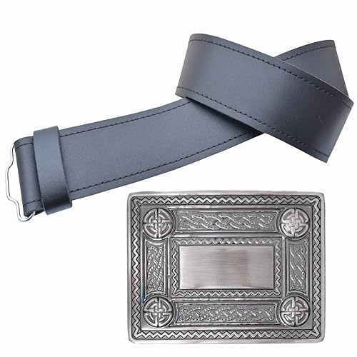 Men's Traditional Leather Kilt Belt & Celtic Buckle Set – 2.25 Wide Adjustable Plain Leather Belt with Antique Silver Scottish Knot Buckle for Highland Dress