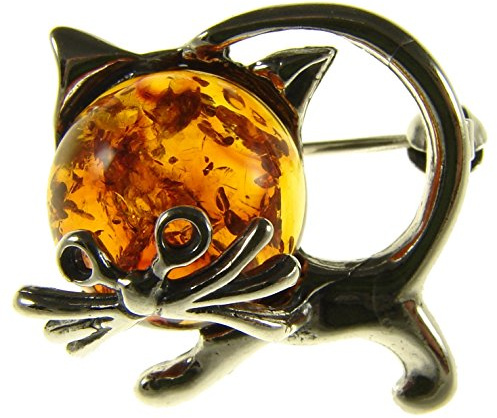 Baltic amber and sterling silver 925 cognac cat kitten animal brooch pin