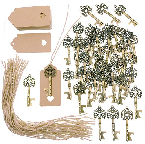 JZK 50 x Schlüssel Flaschenöffner mit Kraftpapier Geschenkanhänger mit Jute Bindfäden, Vintage Schlüssel für Hochzeit Gastgeschenk Partyzubehör Bar Supplies