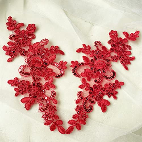 Paio di applicazioni speculari con ricamo floreale in pizzo e paillettes per abiti da sposa, progetti artigianali (rosso con paillettes)