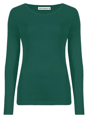 janisramone Womens Ladies Round Neck Long Sleeve T-Shirt Stretchy Plain Fitted Basic Jersey Casual Tee Top Bottle Green