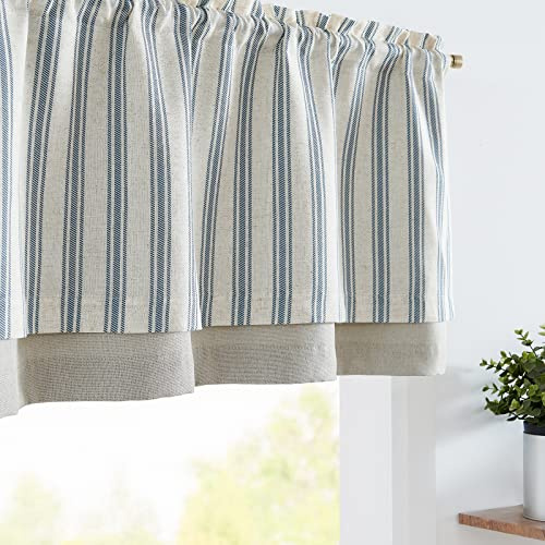 jinchan Striped Linen Valance Curtain Blackout Double Layer Valance for Windows 18 Inch Striped Print Farmhouse Rustic Window Treatment for Kitchen Living Room Bedroom 1 Panel Blue on Beige