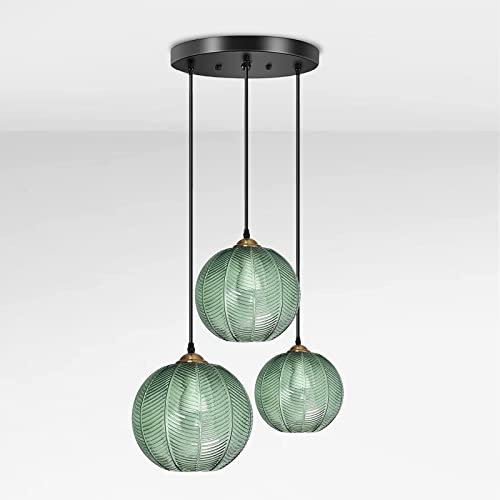 Suspension en Verre,Nordic 3 lumières Suspension Luminaire Rétro Suspension Lampe Lustre D'îlot de Cuisine Plafonnier Réglable en Hauteur pour Salle À Manger Cuisine(Vert) (3 Light)