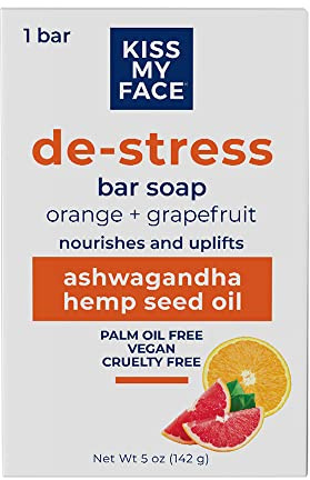 Kiss My Face De-Stress Bar Soap - Orange + Grapefruit - Vegan Soap Bar with Hemp Seed Oil - Cruelty Free and Palm Oil Free Bath Soap (Orange + Grapefruit, Pack of 1)