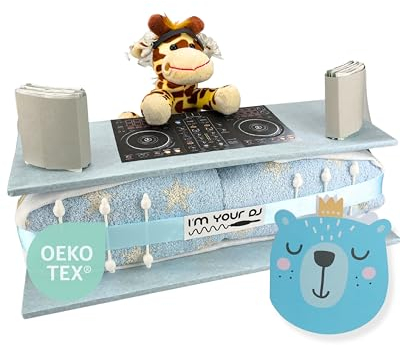 Windeltorte ® DJ Pult [ Musiker & Deejays aufgepasst] - Geburtsgeschenke - Stofftier - Kuscheltier - Geschenk für das Baby - Taufgeschenk - Pullerparty - Pinkelparty - Spucktuch (Blau/Junge)
