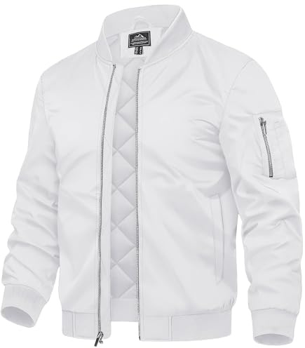 TACVASEN Bomber Jackets for Men Water Resistant Baseball Coats Winter Zipper Bomber Jacket with Pockets White,S
