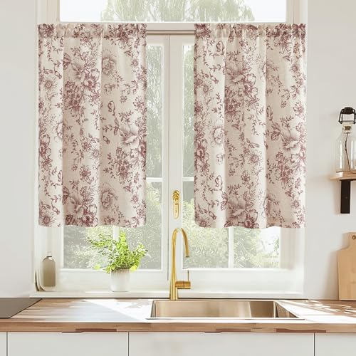 TOPICK Leinen Scheibengardinen Blumen Küchengardinen Landhausstil Modern Gardinen Vorhänge Kurz Bistrogardine für Frühling Wohnzimmer Badezimmer Kurzstores,2er Set 65 B x 60 H (cm),Rot auf Beige