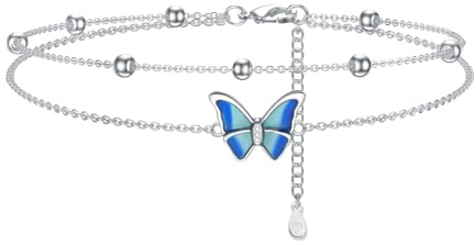 Tusuzik Fußkettchen Für Damen 925 Sterling Silber Verstellbare Schmetterling Doppel Fußkette mit Kugeln Sommer Strand Schmuck Geschenke für Frauen Mädchen