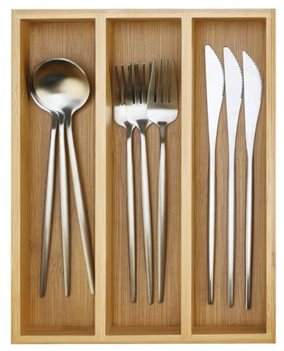 Hilislog Small Drawer Organizer for Kitchen Utensils, Bamboo Cutlery Tray, Slim Cutlery Organizer for Drawer, Spoon, Fork, Cutlery Holder, Slim Tray for