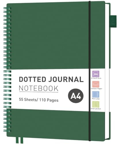 RETTACY A4 Spiral Notebook, Dotted Journal, 110 Pages, Dark Green | Flexible Plastic Cover Notepad, 100 GSM Thick Bullet Paper, for Women Men Work Office School - 21.5 × 27.9 cm