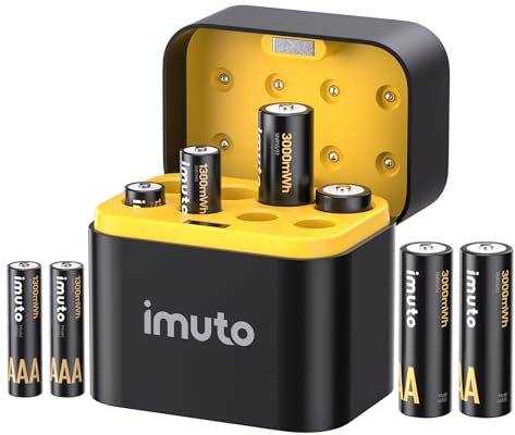 imuto 8 Piezas Pilas Recargables AA/AAA,Batería AA AAA 3000/1300 mWh 1.5V Litio Alta Capacidad más de 1600 ciclos con Carga rápida Negra Cargador de Pantalla LED