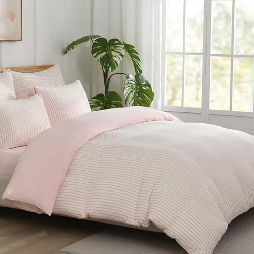 Gezu Juego de ropa de cama de 155 x 220 cm, diseño a rayas, color rosa y blanco, 3 piezas, diseño moderno, reversible, transpirable, suave, microfibra, funda nórdica de 155 x 220 cm y 2 fundas de