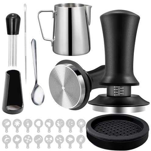 7Pcs Coffee Tamper Set, Espresso Coffee Machine Accessories Set, Milk Frothing Pitcher 12oz/350ml with 51mm Espresso Tamper Set, WDT Tool, Coffee Stirrer, Latte Art Pen, Tamper Mat, Coffee Stencils