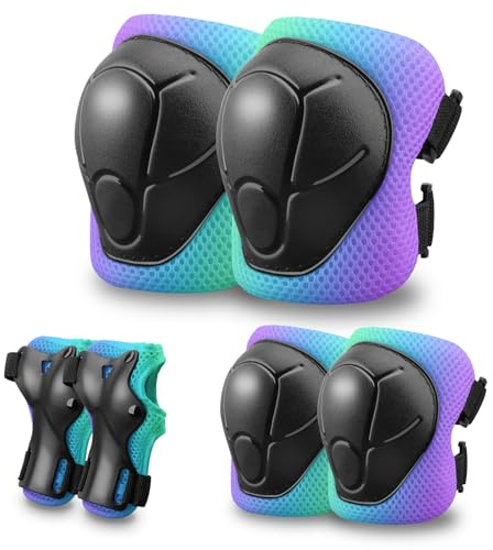Kids Protective Gear Set Knee Pads for Kids 3-14 Years Toddler Knee and Elbow Pads with Wrist Guards 3 in 1 for Skating Cycling Bike,Biking, Roller Skates, Scooters (Green Blue Purple, M(8-14Years))