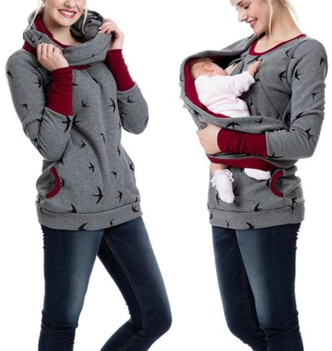 Jersey de lactancia para mujer, de invierno, algodón, manga larga, monocolor, cuello alto, camiseta de lactancia de dos capas, sudadera con capucha con bolsillos para embarazo, lactancia, ropa de