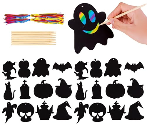 Supecesorio Halloween Scratch Paper Crafts Kit, 24 Pcs Halloween Scratch Art Pumpkin Paper Magic Rainbow Art Paper Hang, Black Scratch Card for DIY Party Ornaments Hanging Decor