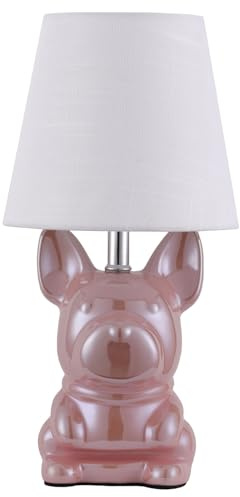EOEYYOYB Niedliche Nachttischlampe für Kinderzimmer, Keramik-Welpen-Tischlampe mit Leinenstoffschirm, Bulldog-Nachttischlampe für Wohnzimmer und Schlafzimmer, Rosa