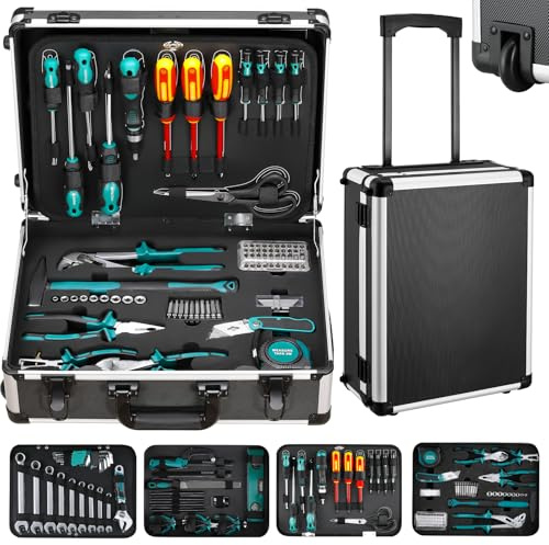 TLGREEN Set di attrezzi da 128 pezzi, con funzione trolley, cassetta degli attrezzi, cassetta degli attrezzi, cassetta degli attrezzi, portatile, per fai da te, maestri artigianali, officina