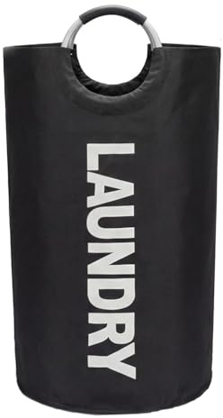 Barpre Large Laundry Basket 90L - Collapsible Washing Basket with Padded Aluminum Handles, Waterproof 600D Oxford Fabric Dirty Clothes Hamper for Bathroom Bedroom & Storage, Round Foldable Bin (Black)