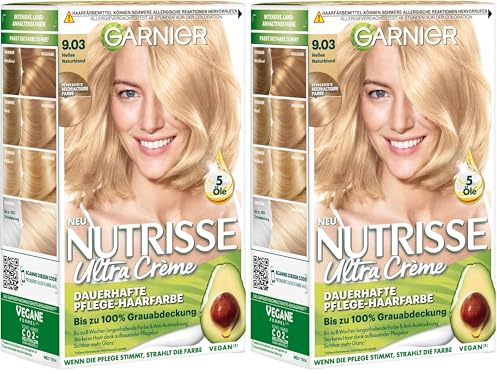 Garnier Nutrisse Dauerhafte Pflege-Haarfarbe mit nährenden Fruchtölen, Coloration mit 8 Wochen Halt, Ultra Crème Tönung, 9.03 Helles Naturblond (Packung mit 2)