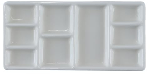 Gurtt Paleta rectangular de cerámica con 9 compartimentos para pintura artística, ideal para acuarela, gouache, acrílico y óleo. Medidas: 17,5 x 8,5 x 1,7 cm.