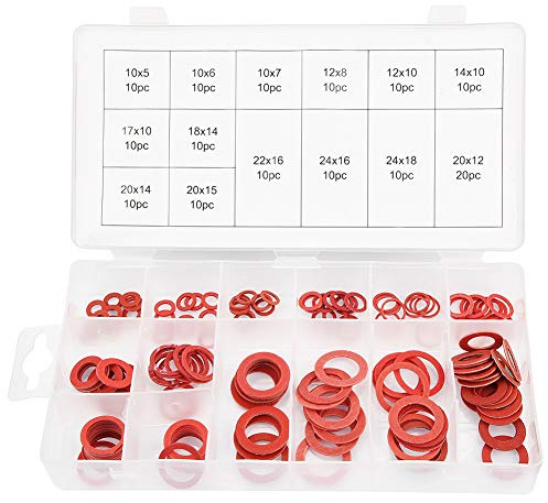 Set di Anelli di Tenuta, 150 Pezzi, 14 Misure, Kit di Rondelle Piatte in Fibra di Carta e Acciaio Rosso, Kit Assortimento di Rondelle in Fibra, Set Assortimento di Rondelle Isolanti con Scatola