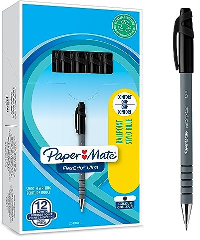 Paper Mate Flexgrip Ultra Ballpoint Pens | Medium Point (1.0mm) | Handwriting Pens & Stationery Supplies | Black Pen Set | 12 Count