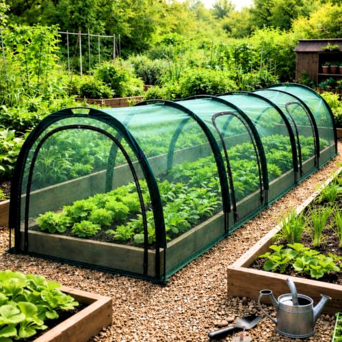 GardenSkill Pflanztunnel Gewächshaus 500x100cm | Netz Garten Insektennetz Pflanzenschutzzelt Tomatenhaus für Hochbeet Blumen Pflanzen Gemüse | 4 Tür, Inklusive Abspannseilen, Wetterfest, Tragbar