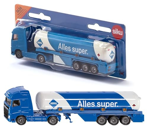 siku 1626, Camión cisterna articulado, Metal/Plástico, 1:87, Azul/Blanco, Diseño ARAL, Vehículo de juguete para niños, Ruedas de goma