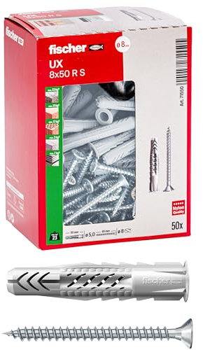 Fischer 50 Tasselli Universali con Vite UX 8x50 R S per Muro Pieno, Mattone Forato, Cartongesso, per Installazione e Fissaggio Mobili, Armadietti, Lampade, Console TV, 71550
