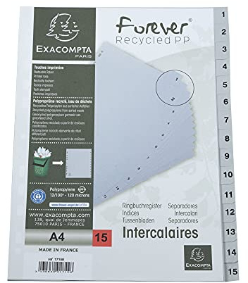 Exacompta 1715E Kunststoff-Register 1-15 für DIN A4 aus recyceltem Kunststoff 15-teilig volle Höhe 21 x 29,7 cm grau mit bedruckten Taben Universallochung Blauer Engel Trennblätter Trennstreifen