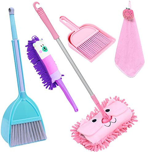 7 Pack Cleaning Set Kid's Housekeeping Tools Kitchen Toys,Includes Mop Broom,Dust-pan,Brush,Apron,Rag,Chenille Duster Boy Girl Career Role Play