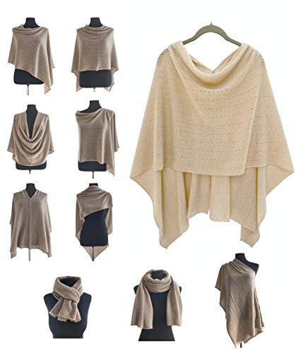 Poncho de voyage en cachemire pour femme avec boutonnière, châle de mariée en dentelle tricoté, couverture légère et polyvalente, 100 % pur cadeau éthique beige, marron clair
