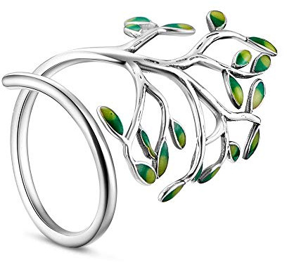 Beadthoven 925 sterling silver, ring med emaljerade blad, livets träd, justerbar öppen ring, storlek Q, för kvinnor, alla hjärtans dag, present, Adjustable, Silver