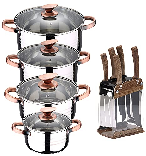 San Ignacio Bateria de cocina 8 piezas apta para induccion Altea en acero inoxidable con set de 6 cuchillos de acero inoxidable con tacoma, PK3239