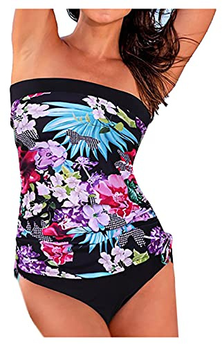 Maillot De Bain 1 Pieces pour Femme Push Up Rembourré Swimsuit Taille Haute Sexy Bandeau sans Bretelles Contrôle Ventre Monokini Maillots De Bain Mode Floral Imprimé Été Plage de Swimwear