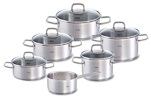 Fissler Viseo/Edelstahl-Topfset, 6-teilig, Töpfe mit Glas-Deckel (2 Kochtöpfe, 3 Bratentöpfe, 1 Stielkasserolle-deckellos) - Induktion, 084-127-06-000/0, Silber